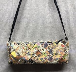Nahui Ollin Comic Book Print Handbag Basketweave Zig Zag Trim Whimsical